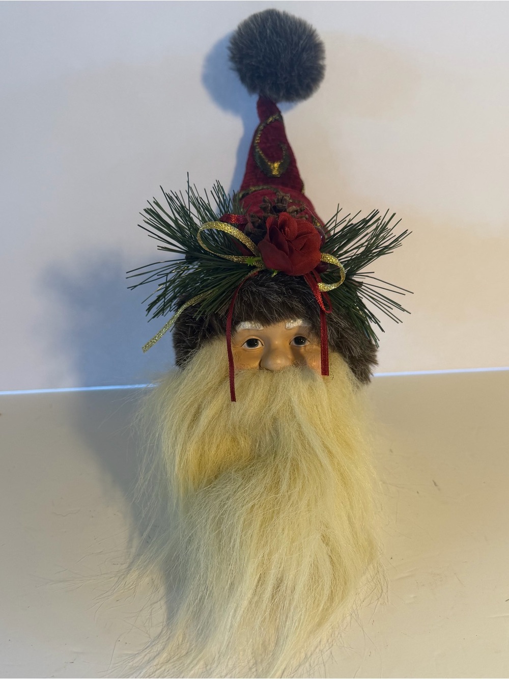 Festive Red Santa Head Ornament with Cream Beard and Pine Accents